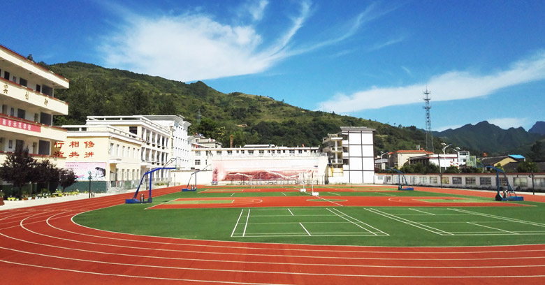 甘肃陇南康县二中篮球场+跑道人造草 CGT绿城人造草成功与甘肃陇南康县二中项目的结合